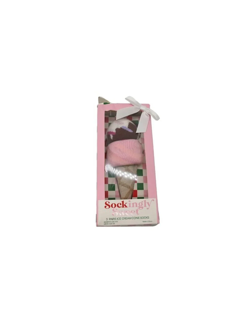 NIP Sockingly Sweet 3 Pair Ice Cream Cone Socks Shoe Sz 4-10 Pink Brown Gift Box